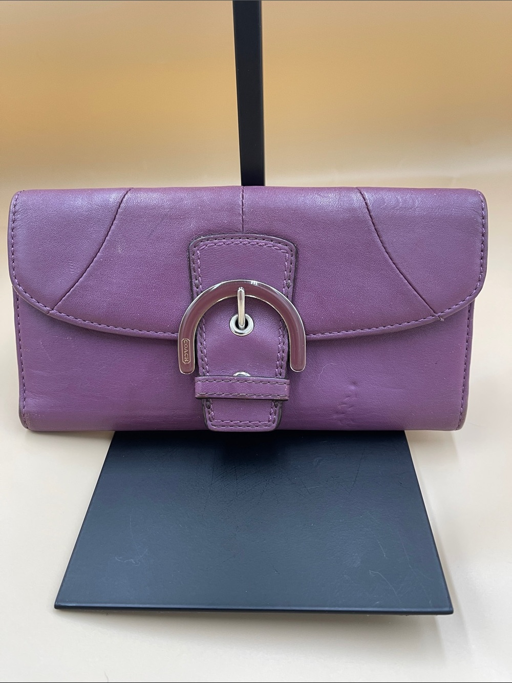 Coach Plum Leather Clutch Wallet with Silver Buckle